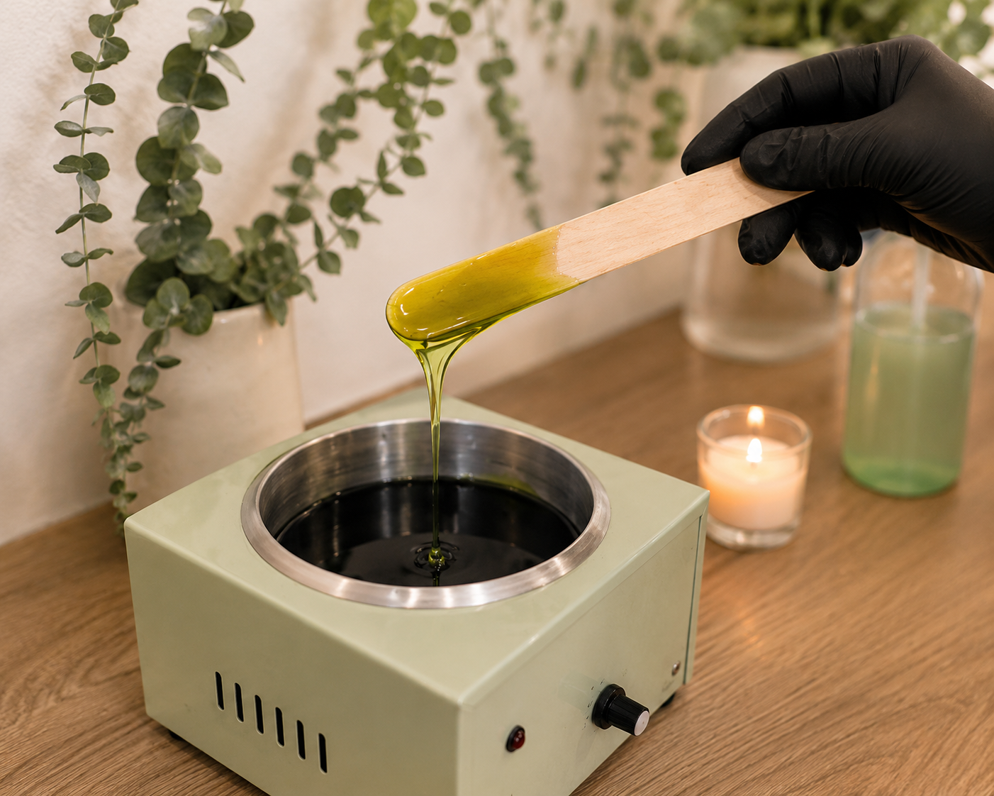 Cera caliente para depilación profesional en Aura Nails Care — espátula con cera dorada sobre calentador