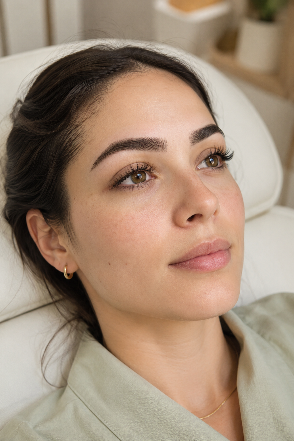 Diseño de cejas definidas y pestañas con acabado natural en Aura Nails Care
